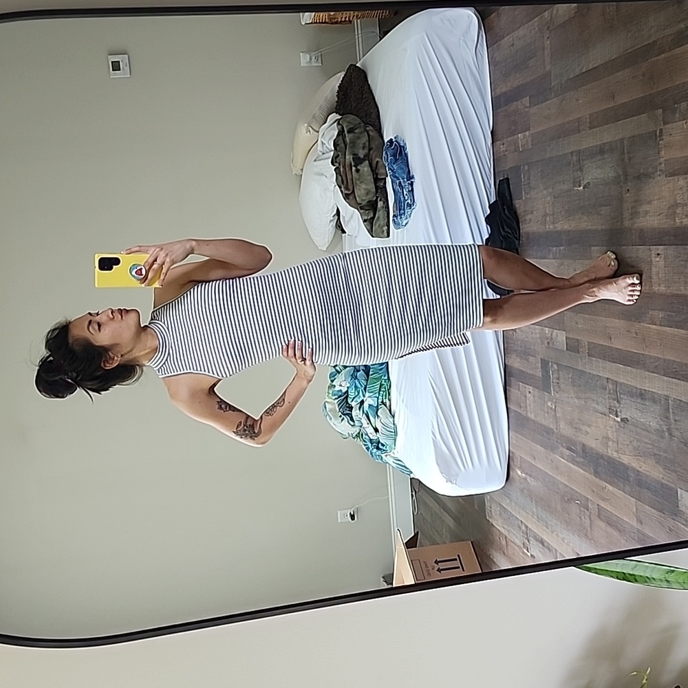 Knit striped high neck slit midi dress